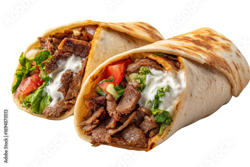Two meat and vegetable wraps with white sauce isolated on a transparent background food