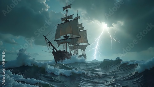 Old Sailing Ship Navigating Rough Seas with Dramatic Lightning Storm