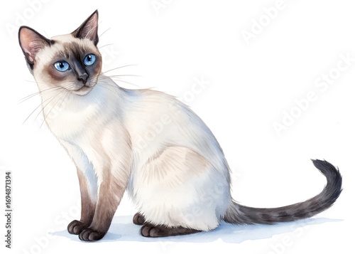 Watercolor painting of a siamese cat isolated on white background