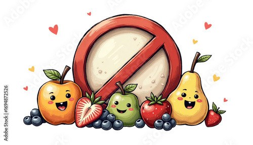 Cheerful cartoon fruits with prohibition symbol promoting healthy eating on light background