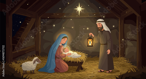 Nativity scene with mary, joseph, baby jesus, and a sheep in a stable on transparent background