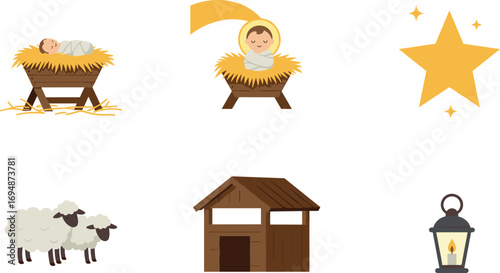 Nativity scene elements: baby jesus in manger, star, sheeps, stable, and lantern on transparent background