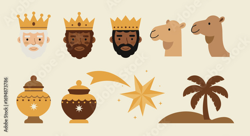 The three kings, camels, gifts, star, and palm tree illustration on transparent background