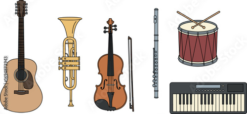 Illustration of acoustic guitar, trumpet, violin, flute, drum, and keyboard on transparent background