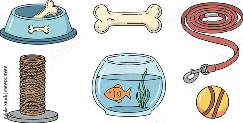 Cartoon illustration of pet supplies: bowl, bone, leash, scratching post, fishbowl, and ball on transparent background