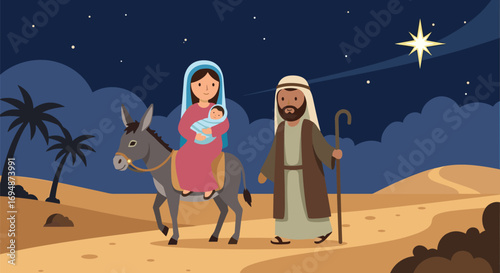Cartoon illustration of mary, joseph, and baby jesus on a donkey on transparent background