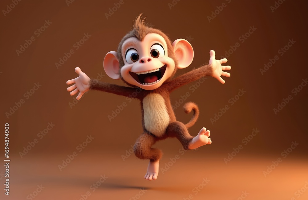 Fototapeta premium Joyful cartoon monkey character, 3D render. Funny, happy ape with open arms, excited expression. Cute mammal mascot suitable for animation, games, children content. Wild animal avatar in playful pose.