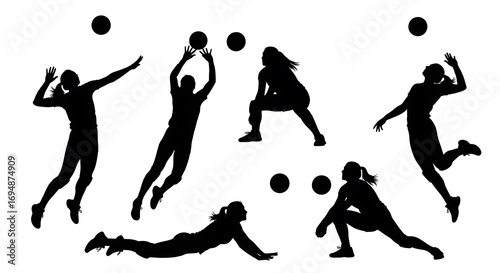 Silhouettes of women volleyball players in various dynamic poses, showcasing diverse actions during a .