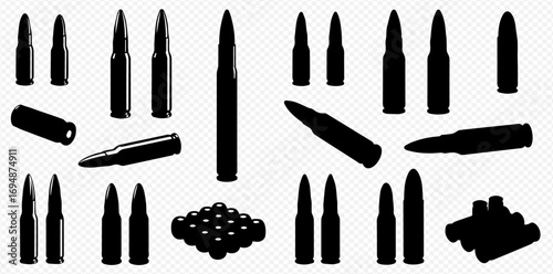 A diverse collection of black ammunition silhouettes, featuring various bullet and cartridge sizes and arrangements.