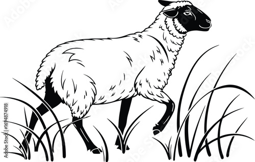 black and white sheep walking in grass clip art preview