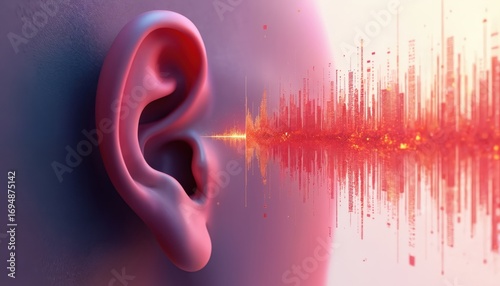 Artistic illustration of human ear receiving sound waves, interpreted as potential hearing loss. Muted tones, abstract visual representation of sound waves suggest aural disorder impairment. Medical