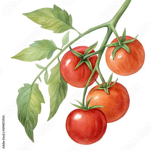 Watercolor painting of ripe red tomatoes on the vine with transparent background