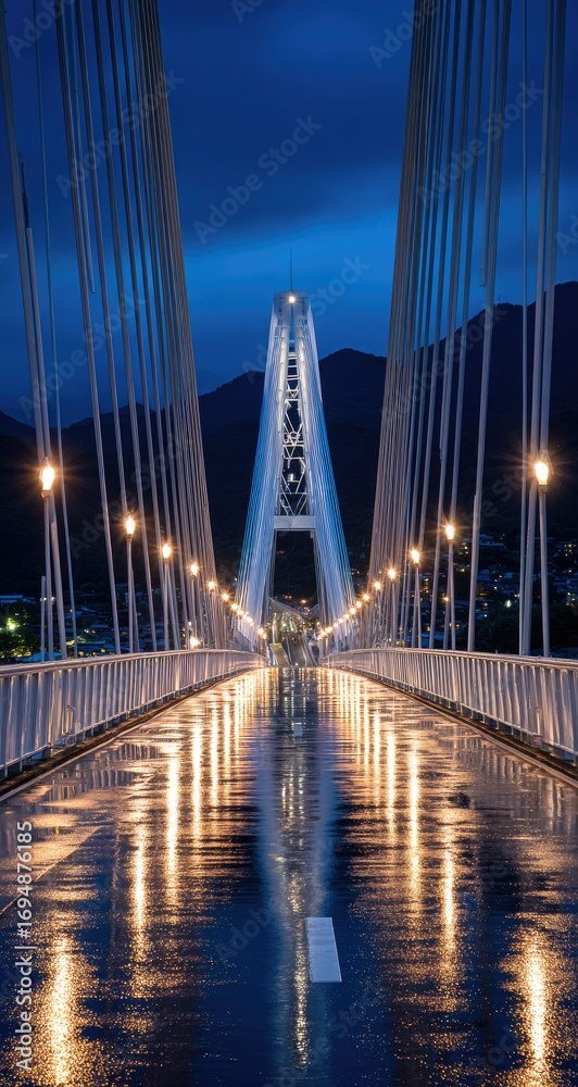 Fototapeta premium Modern bridge at dusk, wet road, city lights