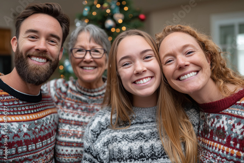 Group photo of family in ugly sweaters near Christmas tree, laughter and joy, 