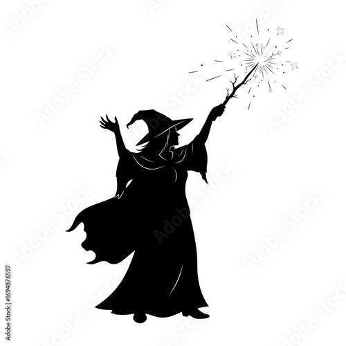 Silhouette of a witch casting a spell with a sparking wand