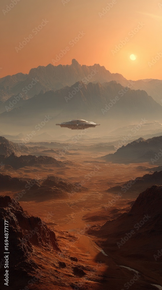 Naklejka premium Alien spacecraft over a desert landscape at sunset