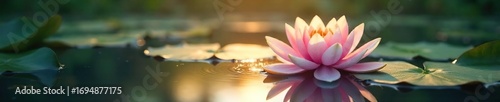 Serene water lily floating on calm water, sunlight reflecting on its petals, peaceful atmosphere Ideal for spa, wellness, nature, tranquility themes , lily pad, vibrant