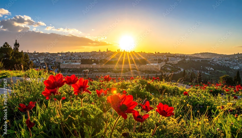 Fototapeta premium Sunrise over Jerusalem with red wildflowers