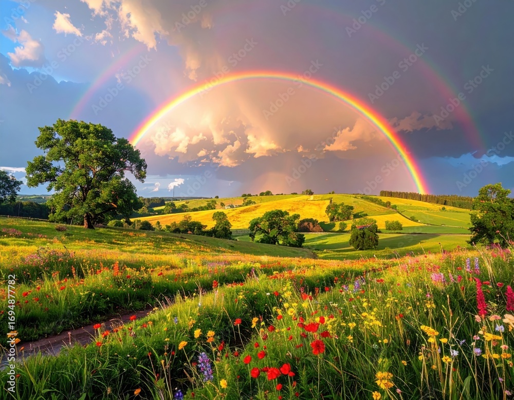Naklejka premium A vibrant rainbow arches over a rolling landscape dotted with colorful wildflowers and lush green fields.