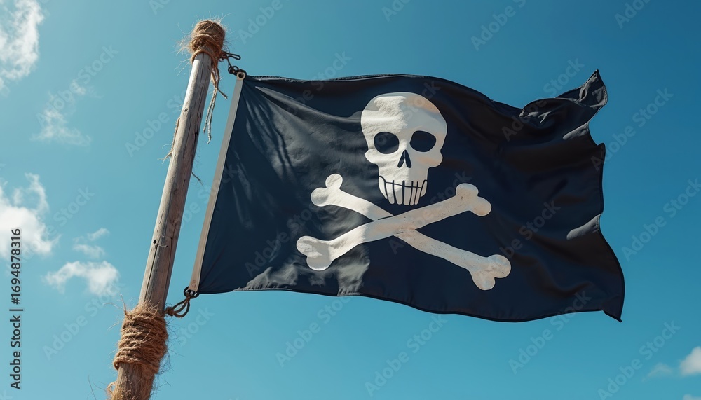 Fototapeta premium Black pirate flag with skull, crossbones emblem waves in clear blue sky. Nautical symbol of danger, rebellion, adventure. Iconic Jolly Roger represents freedom, mystery, maritime history, sea