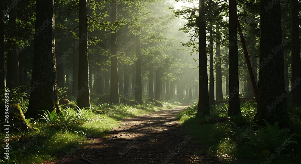 Obraz premium Sunlit path through a dense forest, with tall trees and dappled sunlight creating a serene atmosphere.