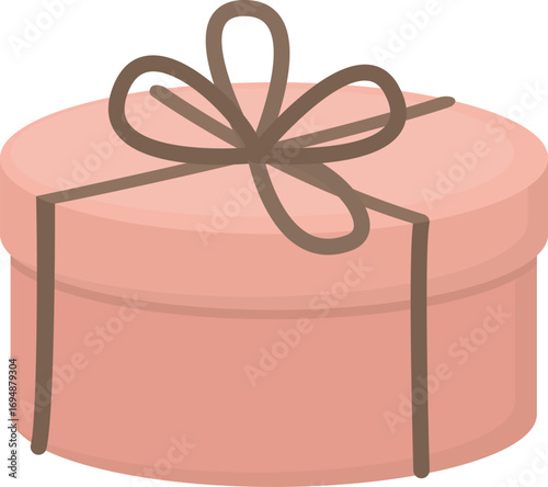 Pink gift box with bow isolated on white background. Illustration of round box with brown string and bow