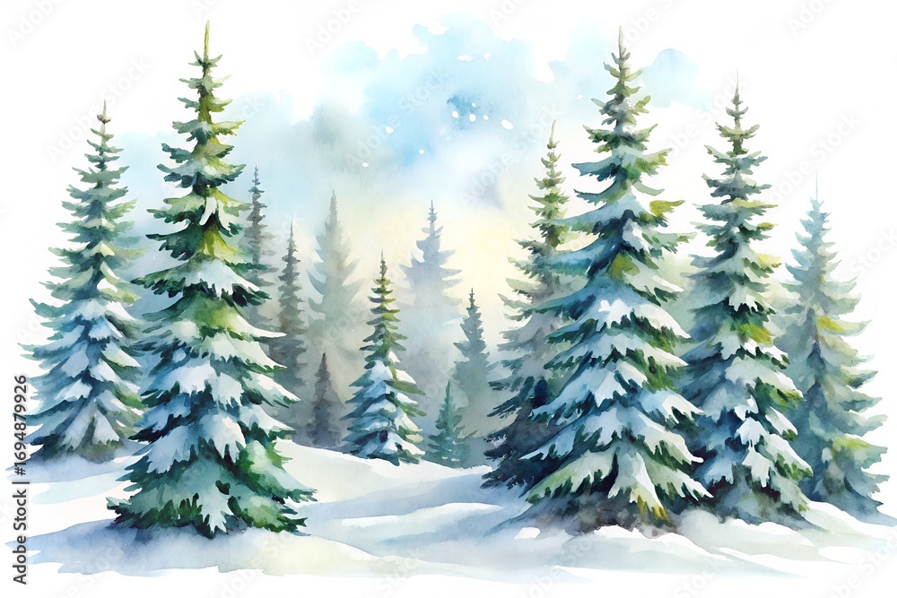 Obraz premium Watercolor snowy pine trees in a winter forest landscape, with soft blue sky and falling snow