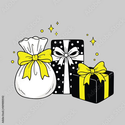 Festive collection of wrapped gifts and a drawstring pouch adorned with bright yellow bows