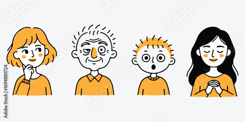 Diverse family members depicted with distinct expressions and hairstyles in a charming hand drawn style