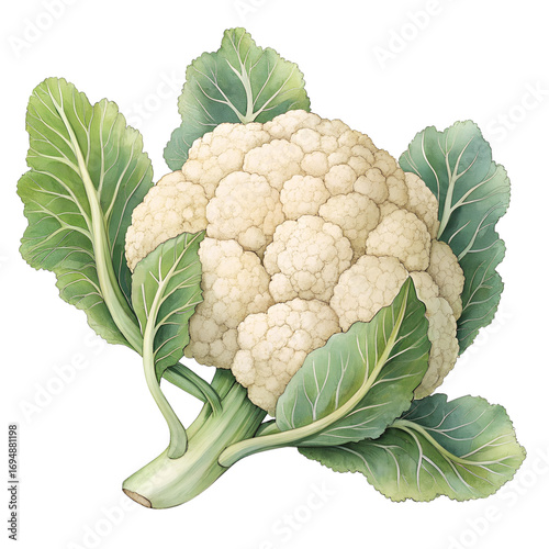 Watercolor painting of fresh cauliflower with green leaves on transparent background