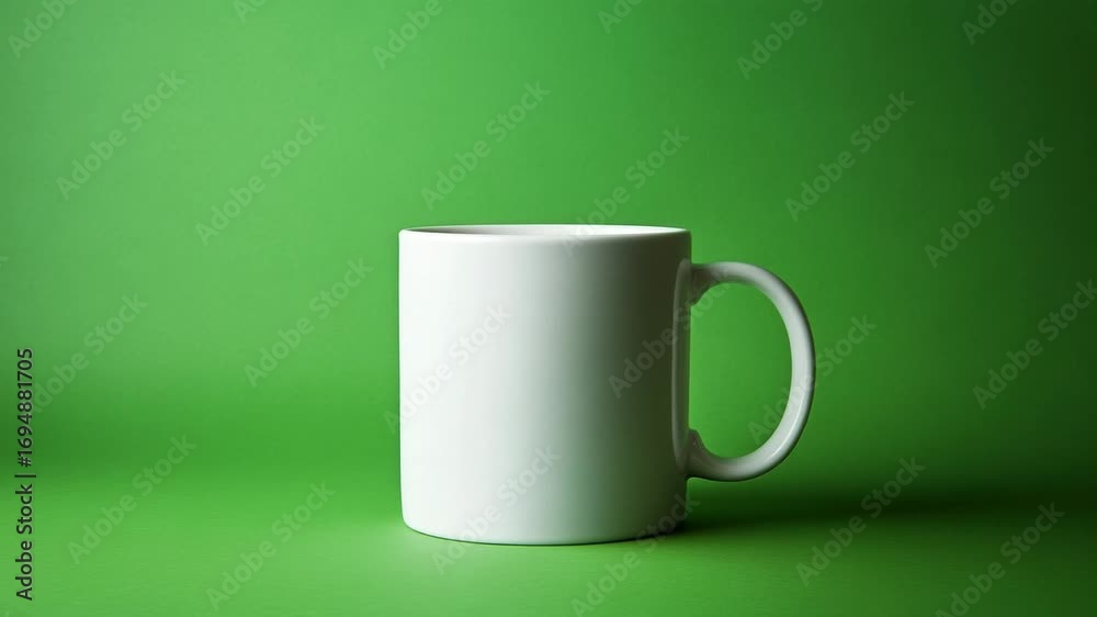 White mug on green background with liquid pouring in