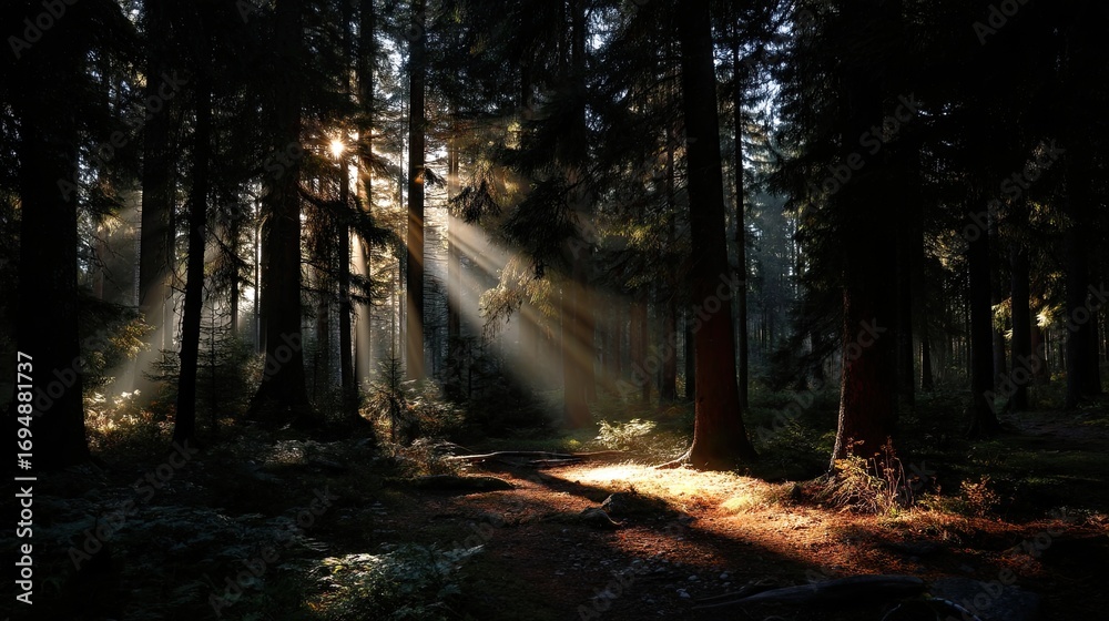 Obraz premium A tranquil forest filled with towering trees and mist, illuminated by soft light as dusk approaches, creating a serene atmosphere