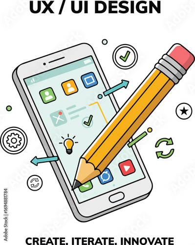 Creative ux ui design process illustrated with a pencil and smartphone sketch