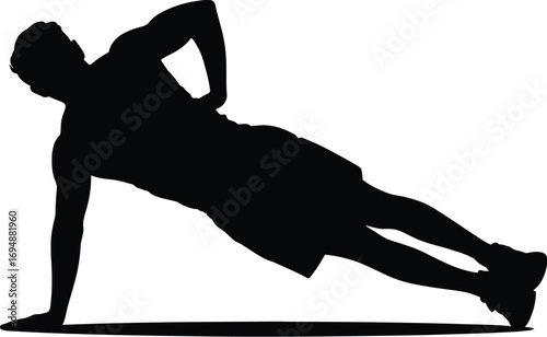 Black silhouette of man performing side plank exercise