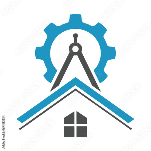 Blue Gear Compass Over Grey House Roof Icon wheel
