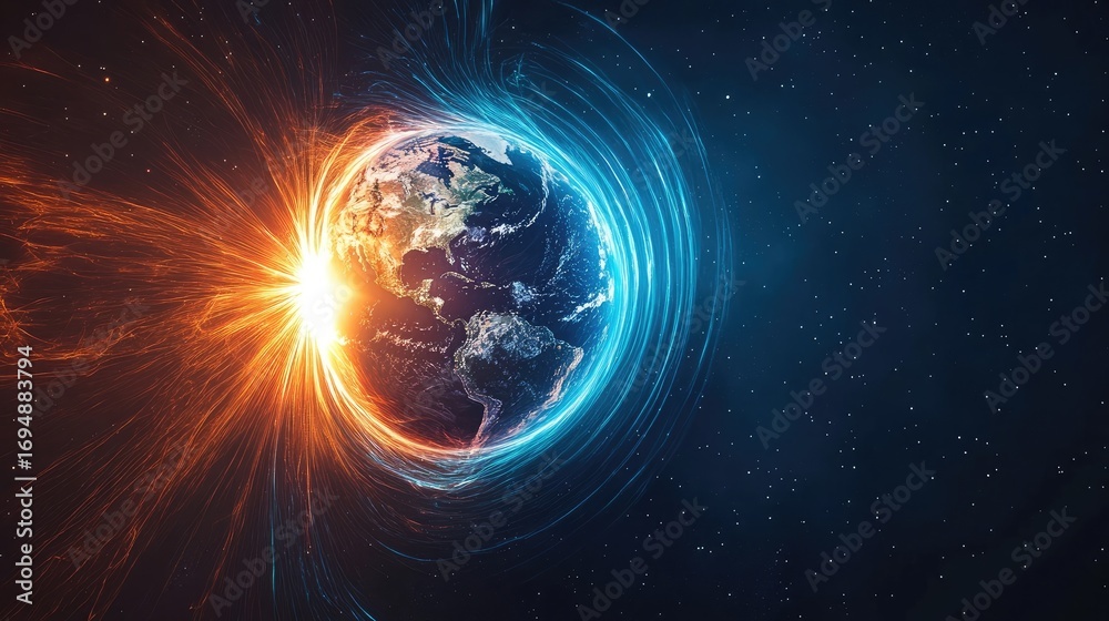 Fototapeta premium Glowing blue planet Earth floats in deep space while fiery energy or plasma arcs outward from one hemisphere, forming trails against the cosmic backdrop. Generative by AI