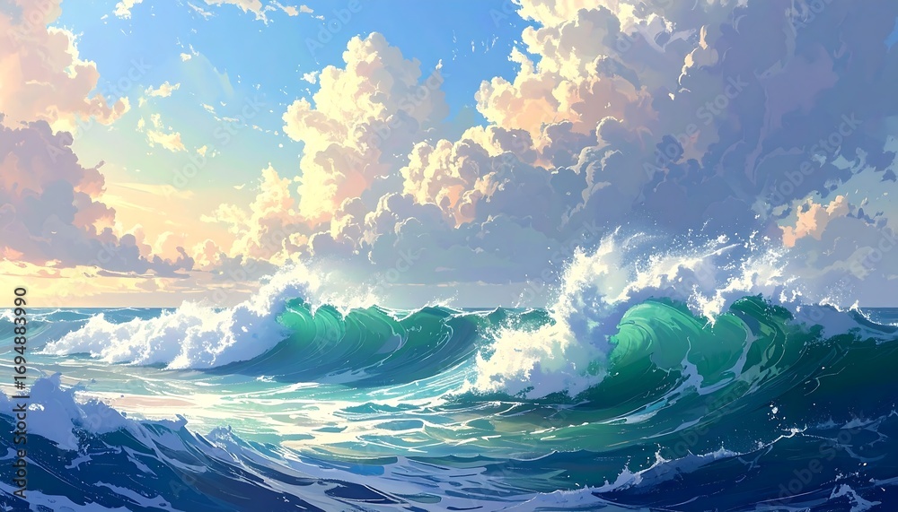 Fototapeta premium A vibrant digital painting of crashing waves against a backdrop of a vast sky filled with fluffy clouds, showcasing a tranquil and beautiful seascape at sunset.