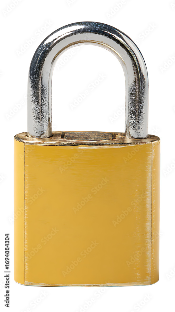 Naklejka premium A yellow padlock with a silver shackle isolated on transparent background.
