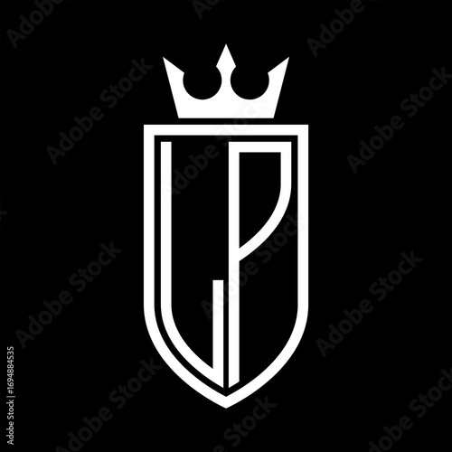 LP Vector logo of initials shield with crown and minimalist, elegant style