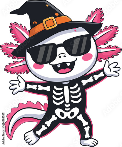Adorable cartoon axolotl in halloween costume with skeleton suit and witch hat