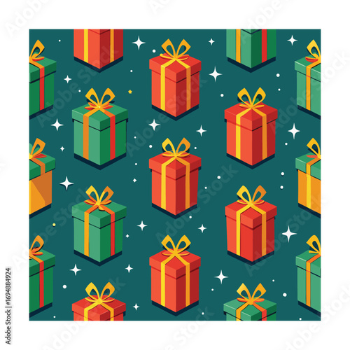 Festive pattern of red and green gift boxes with yellow bows
