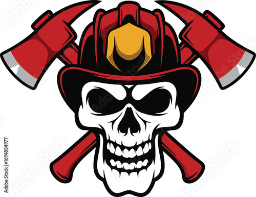 Firefighter skull mascot with crossed axes and helmet in bold red and black graphic