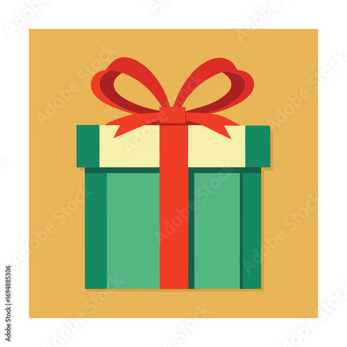 Green gift box with red ribbon and bow on yellow background