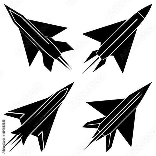 Four stylized black and white vector images of fighter jets in various flying positions and orientations