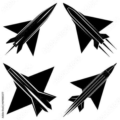 Four silhouette jet planes in various orientations against a white background in a simple graphic style