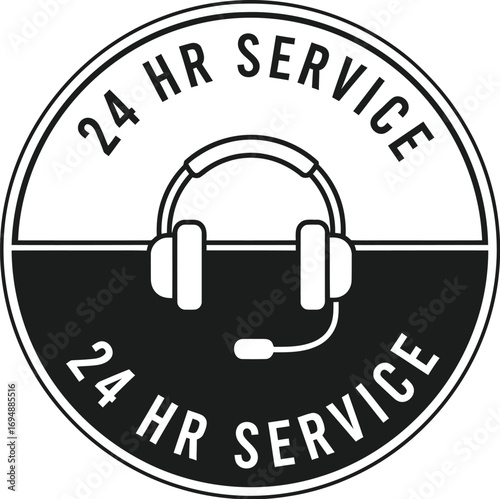 Round emblem with headphones and "24 HR SERVICE" text, representing constant customer support.