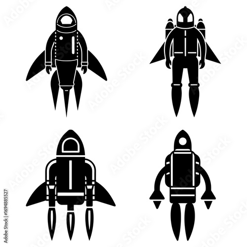 Four black and white stylized illustrations of rockets and astronauts in space suits on a white background