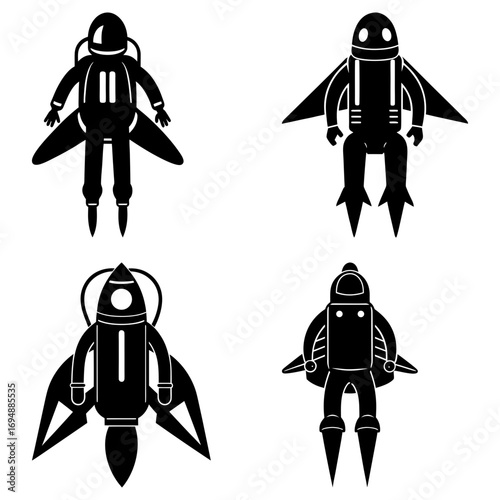 Four black and white drawings of different astronaut suits and rocket designs on a white background space theme