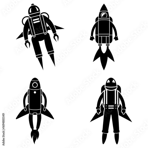 Four black and white vector images of astronauts and rockets with jetpacks in various styles and poses