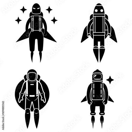 Four black and white stylized illustrations of astronauts and jetpacks in various designs and poses